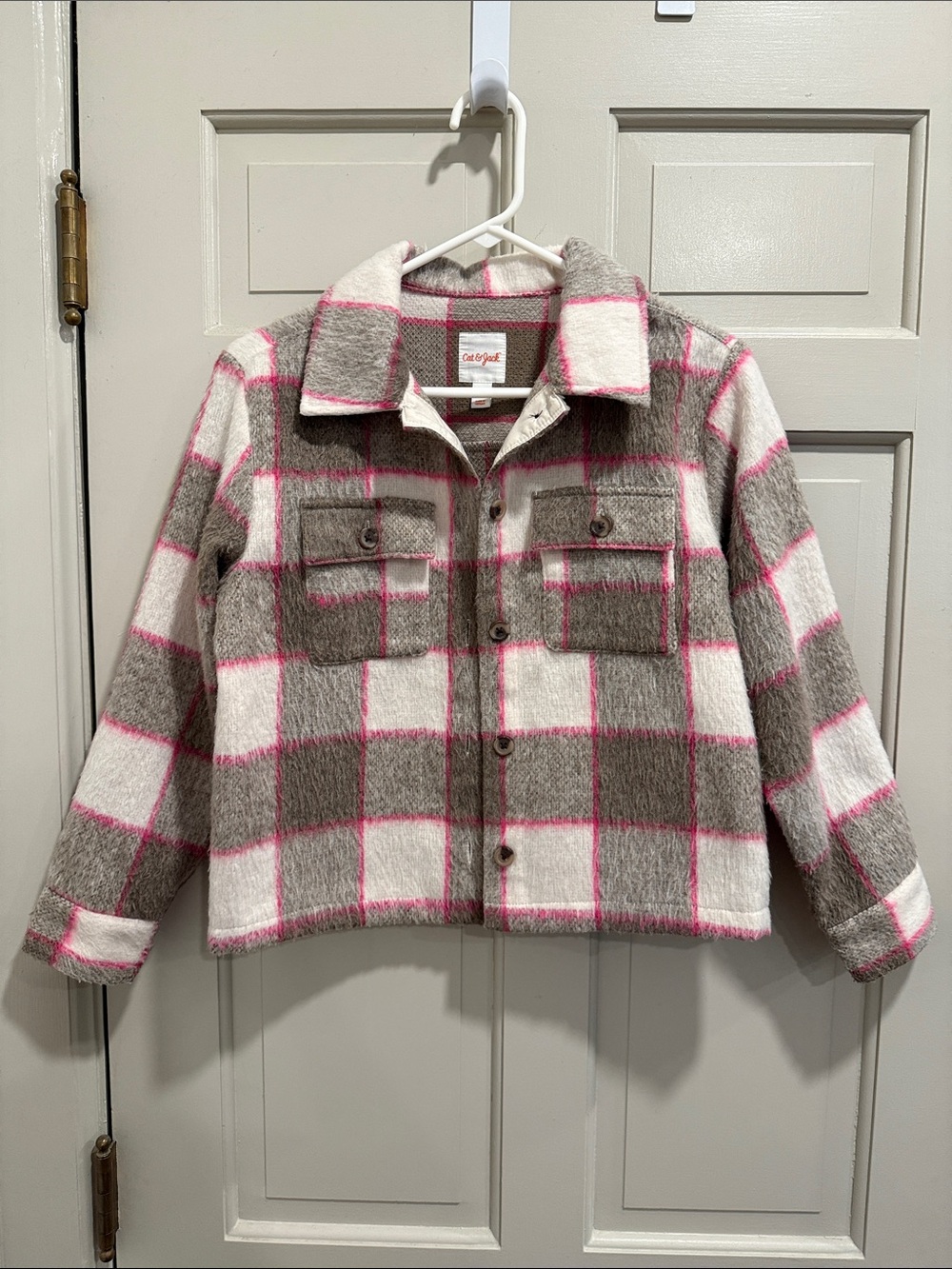 Cat & Jack Cream, Gray & Pink Cropped Plaid Shacket Jacket Size XL(14)